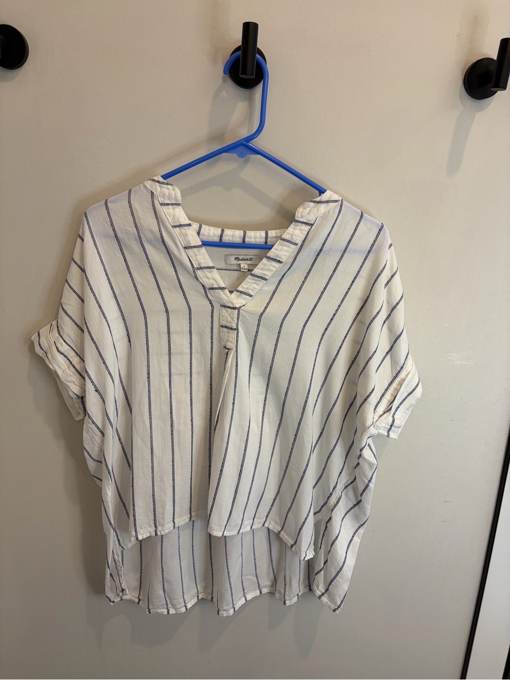Madewell White V-Neck Tunic with Blue Stripes